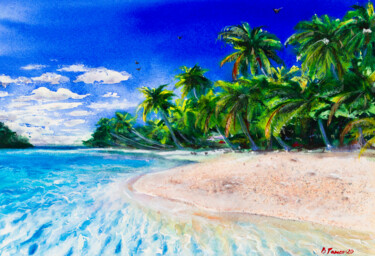 Pittura intitolato "Paradise Beach with…" da Viktoriia Gaman, Opera d'arte originale, Acquarello