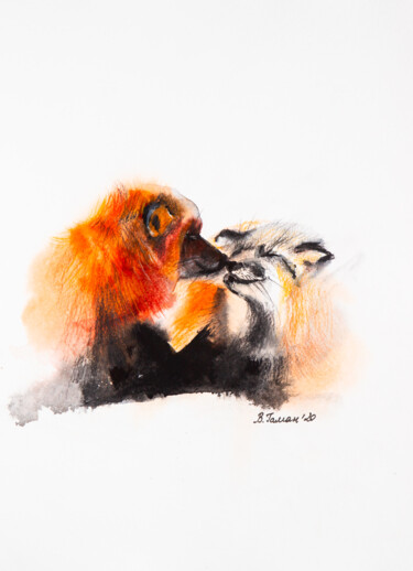 Disegno intitolato "Fox tenderness" da Viktoriia Gaman, Opera d'arte originale, Acquarello
