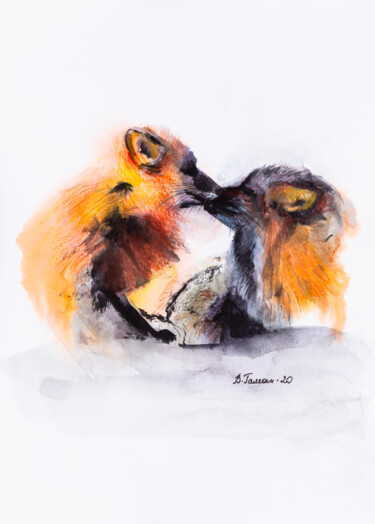 Dessin intitulée "fox love" par Viktoriia Gaman, Œuvre d'art originale, Aquarelle