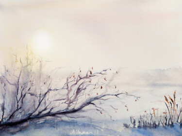 Malerei mit dem Titel "Winter dawn in the…" von Viktoriia Gaman, Original-Kunstwerk, Aquarell