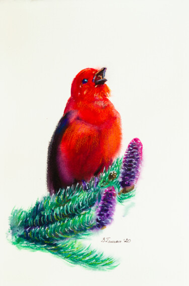 Malerei mit dem Titel "Scarlet finch on a…" von Viktoriia Gaman, Original-Kunstwerk, Aquarell