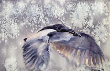 Картина под названием "Flying seagull in t…" - Виктория Гаман, Подлинное произведение искусства, Акварель