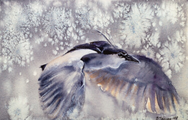 Schilderij getiteld "Flying seagull in t…" door Viktoriia Gaman, Origineel Kunstwerk, Aquarel