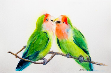 Malerei mit dem Titel "A pair of lovebirds…" von Viktoriia Gaman, Original-Kunstwerk, Aquarell