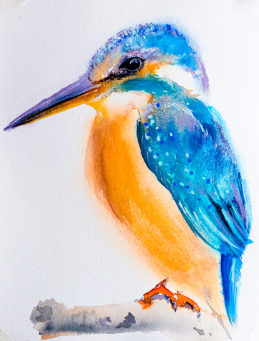 Painting titled "Kingfisher. White b…" by Viktoriia Gaman, Original Artwork, Watercolor