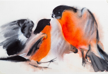 Картина под названием "Fight of bullfinche…" - Виктория Гаман, Подлинное произведение искусства, Акварель