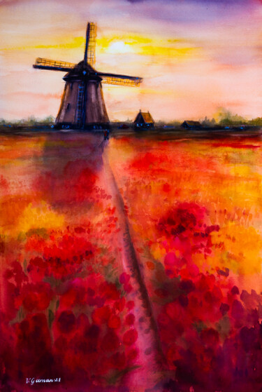 Peinture intitulée "Netherlands. Sunset…" par Viktoriia Gaman, Œuvre d'art originale, Aquarelle