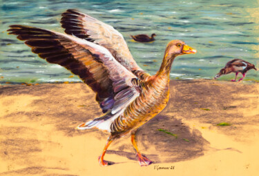 Schilderij getiteld "Gray wild goose. Pa…" door Viktoriia Gaman, Origineel Kunstwerk, Pastel