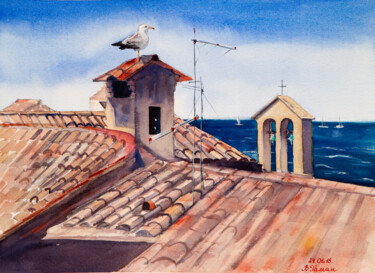 Картина под названием "South coast roofs.…" - Виктория Гаман, Подлинное произведение искусства, Акварель
