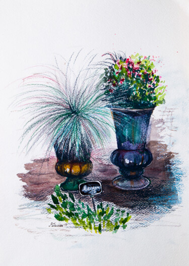 Pittura intitolato "Flowerpots, flower…" da Viktoriia Gaman, Opera d'arte originale, Acquarello