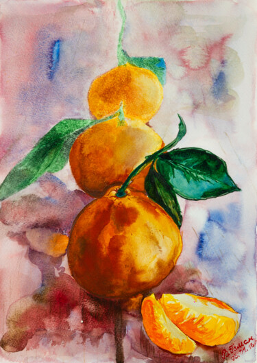 Pintura intitulada "Mandarains. Tangeri…" por Viktoriia Gaman, Obras de arte originais, Aquarela