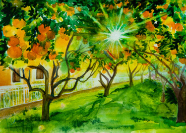 Pintura intitulada "Orange garden in It…" por Viktoriia Gaman, Obras de arte originais, Aquarela