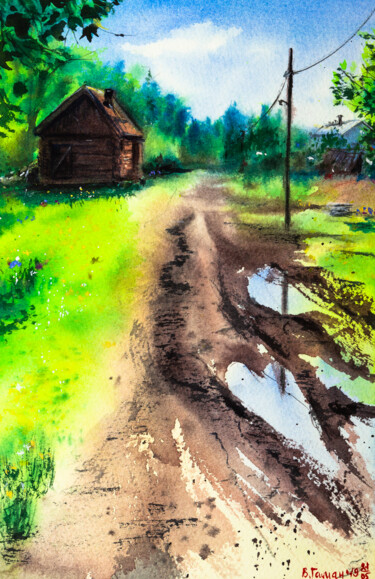 Pittura intitolato "Russian village. Af…" da Viktoriia Gaman, Opera d'arte originale, Acquarello