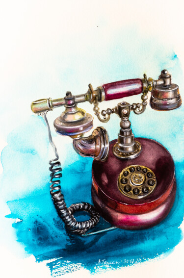 Peinture intitulée "Retro telephone on…" par Viktoriia Gaman, Œuvre d'art originale, Aquarelle