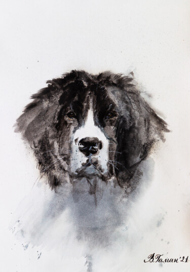 Pintura intitulada "Dog of the Landseer…" por Viktoriia Gaman, Obras de arte originais, Aquarela