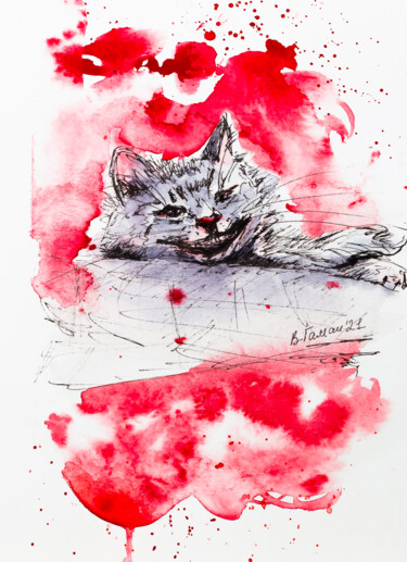 Malerei mit dem Titel "Cheshire cat from t…" von Viktoriia Gaman, Original-Kunstwerk, Aquarell