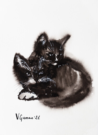 Pintura titulada "Kittens hugging eac…" por Viktoriia Gaman, Obra de arte original, Tinta