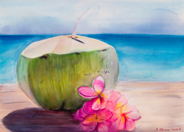 Painting titled "Coconut with coconu…" by Viktoriia Gaman, Original Artwork, Watercolor