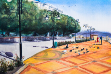 Pintura intitulada "Seaside promenade.…" por Viktoriia Gaman, Obras de arte originais, Aquarela
