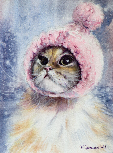 Картина под названием "Cat in a hat. Cute…" - Виктория Гаман, Подлинное произведение искусства, Акварель