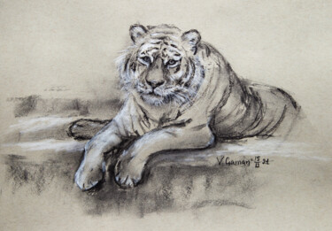 Картина под названием "Thoughtful tiger. D…" - Виктория Гаман, Подлинное произведение искусства, Древесный уголь