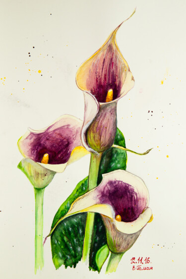 Painting titled "Pink callas on a wh…" by Viktoriia Gaman, Original Artwork, Watercolor