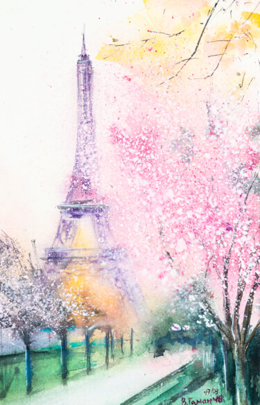 Peinture intitulée "Paris. Blooming spr…" par Viktoriia Gaman, Œuvre d'art originale, Aquarelle