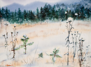Pintura titulada "Winter mountain lan…" por Viktoriia Gaman, Obra de arte original, Acuarela