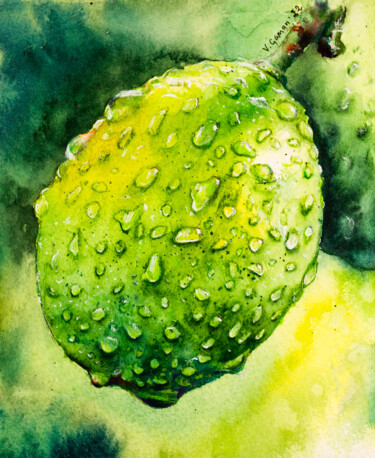 Pittura intitolato "Yellow-green lemon…" da Viktoriia Gaman, Opera d'arte originale, Acquarello