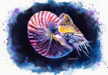 Peinture intitulée "Nautilus in ocean w…" par Viktoriia Gaman, Œuvre d'art originale, Aquarelle