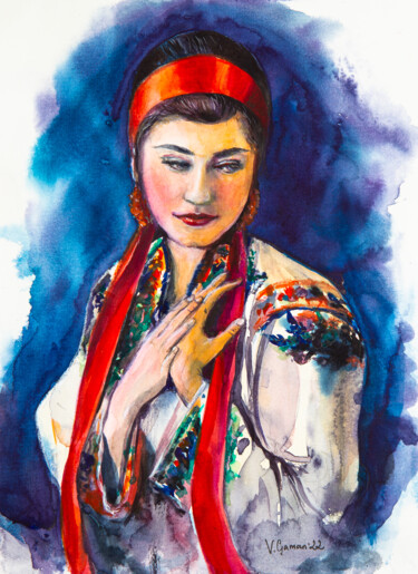 Pintura intitulada "Ukrainian young wom…" por Viktoriia Gaman, Obras de arte originais, Aquarela