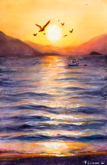 Peinture intitulée "Sunset in the Turki…" par Viktoriia Gaman, Œuvre d'art originale, Aquarelle