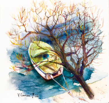 Malarstwo zatytułowany „Boat on the water u…” autorstwa Виктория Гаман, Oryginalna praca, Akwarela