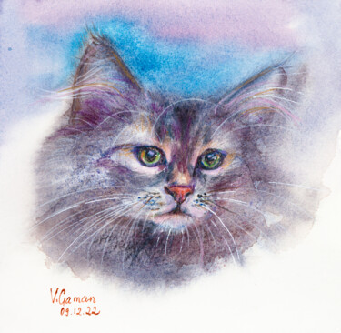 Peinture intitulée "Portrait of a fluff…" par Viktoriia Gaman, Œuvre d'art originale, Aquarelle