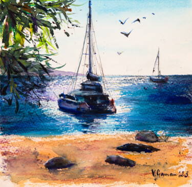 Painting titled "Catamaran on the se…" by Viktoriia Gaman, Original Artwork, Watercolor