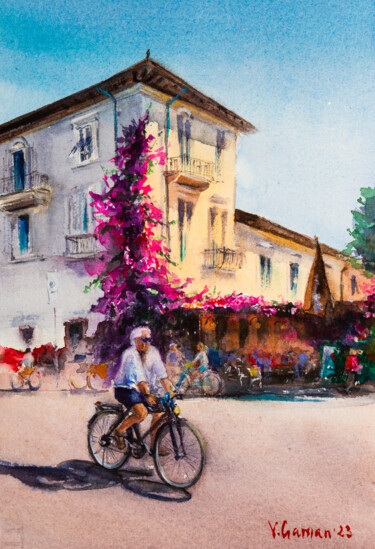 Painting titled "Italian street with…" by Viktoriia Gaman, Original Artwork, Watercolor