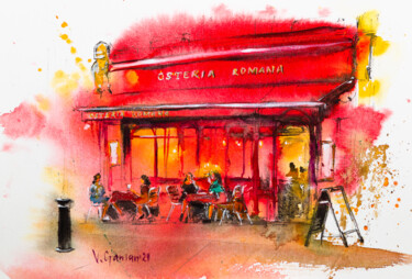 Pintura intitulada "Street cafe in Ital…" por Viktoriia Gaman, Obras de arte originais, Aquarela