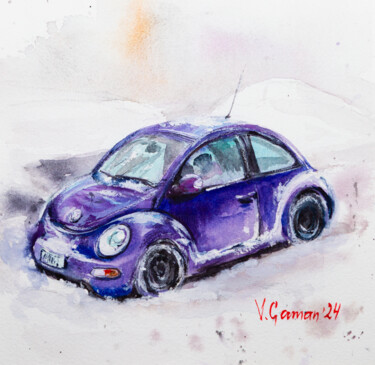 Peinture intitulée "Purple Volkswagen B…" par Viktoriia Gaman, Œuvre d'art originale, Aquarelle