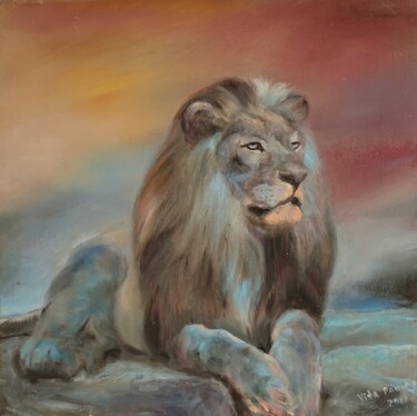 Painting titled "Blauw Leeuw" by Viktoriya Pauwels, Original Artwork, Oil