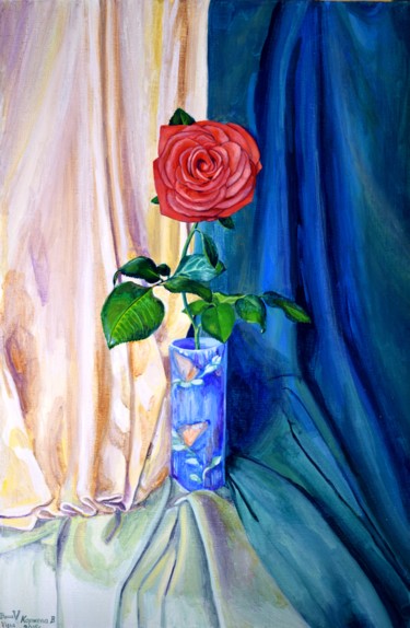 Картина под названием "Rose in blue vase" - Viktoriya Korzheva, Подлинное произведение искусства, Акрил