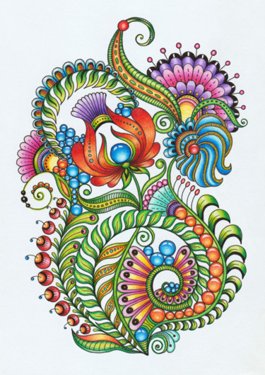 Orange flower_Zentangle magic flowers Drawing titled "Orange flower_Zenta…" by Viktoriya Crichton, Original Art, Conté