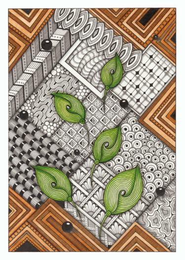 Рисунок под названием "Green leaves and bl…" - Viktoriya Crichton, Подлинное произведение искусства, Акварель