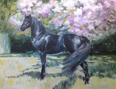 Картина под названием "Лошадка в цветущей…" - Viktoria Korotaeva, Подлинное произведение искусства, Масло