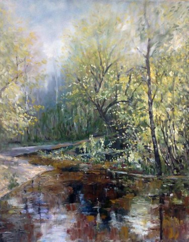 Картина под названием "Ручей в лесу" - Viktoria Korotaeva, Подлинное произведение искусства, Масло