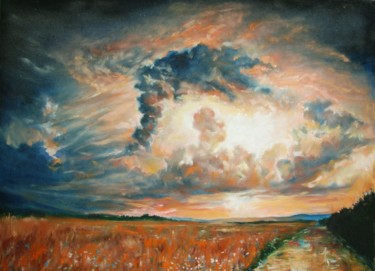 Картина под названием "Вечереет в поле" - Viktoria Korotaeva, Подлинное произведение искусства, Масло