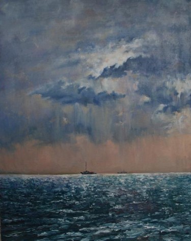 Картина под названием "Дождь и море" - Viktoria Korotaeva, Подлинное произведение искусства, Масло