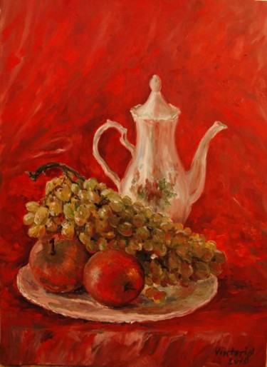 Painting titled "Красный натюрморт" by Viktoria Korotaeva, Original Artwork, Oil
