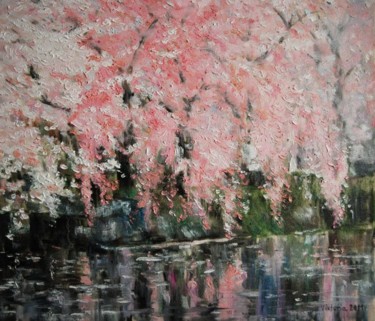 Картина под названием "Сакура над водой" - Viktoria Korotaeva, Подлинное произведение искусства, Масло