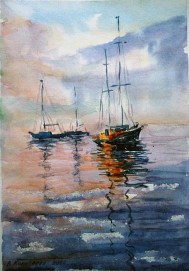 Картина под названием "На закате в море" - Viktoria Korotaeva, Подлинное произведение искусства, Масло