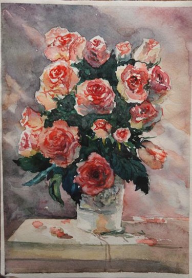 Картина под названием "Натюрморт с розами" - Viktoria Korotaeva, Подлинное произведение искусства, Масло
